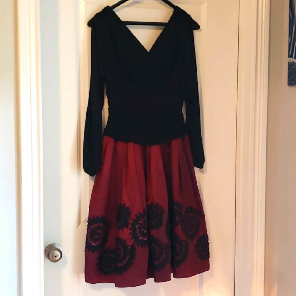 S.L. Fashions Black Long Sleeve Top with Burgundy Skirt Dress